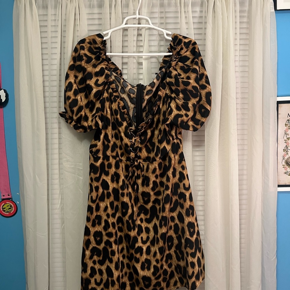 Leopard Print Puff Sleeve Mini Dress - Brown/Black